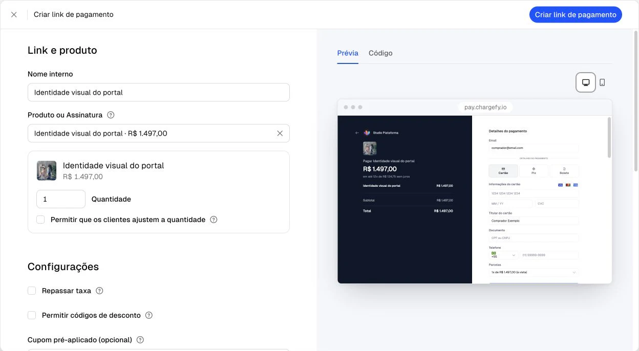 Checkout Builder real da Chargefy com prévia do pagamento