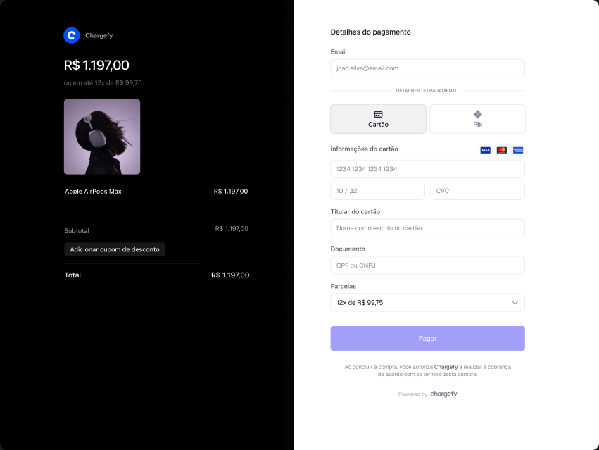 Checkout da Chargefy com resumo do pedido e pagamento por cartão ou Pix