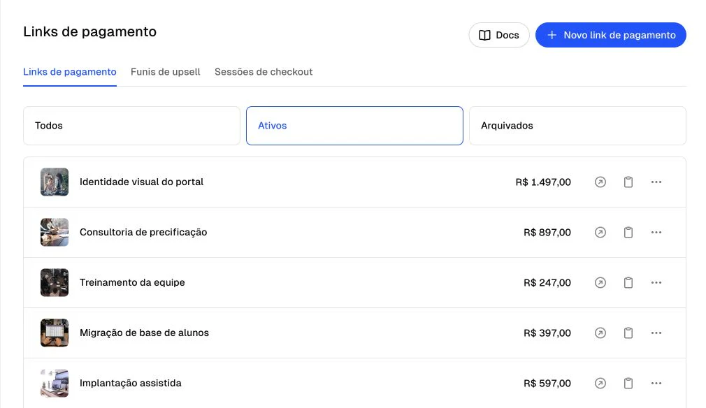 Lista real de links de pagamento ativos na Chargefy
