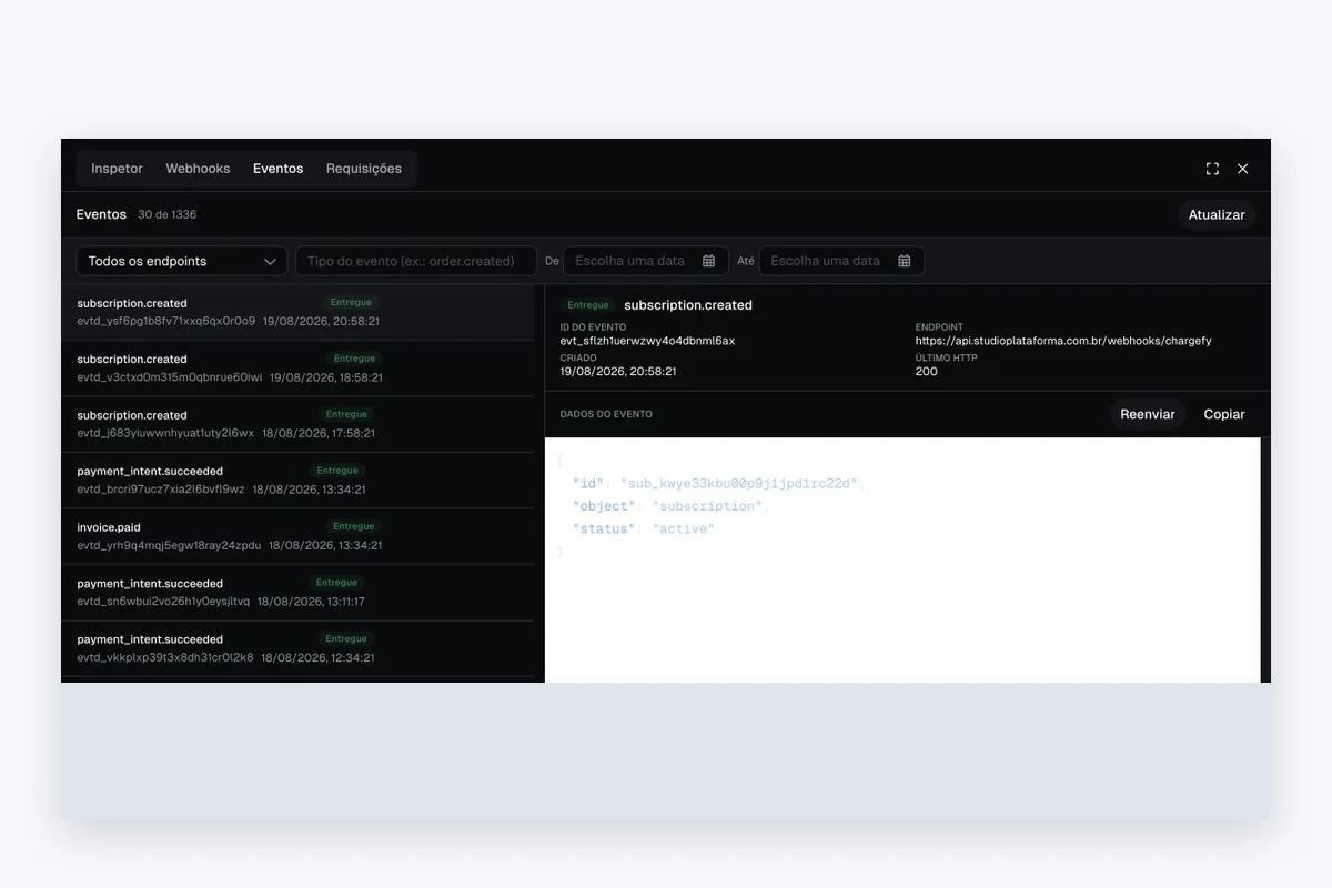 Tela real do demo Chargefy com o console de eventos da API