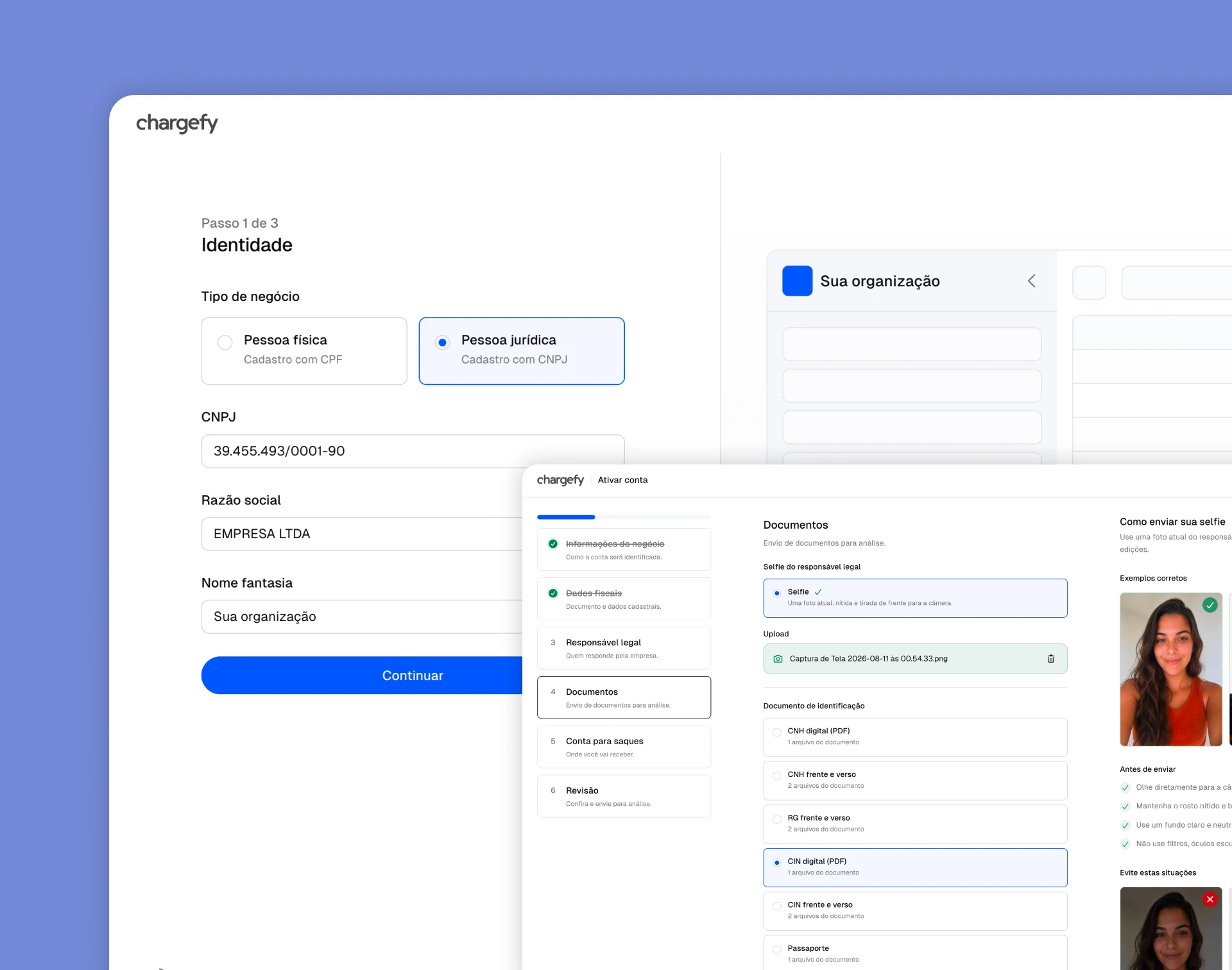 Telas da Chargefy com cadastro de pessoa jurídica e envio de documentos para KYC/KYB