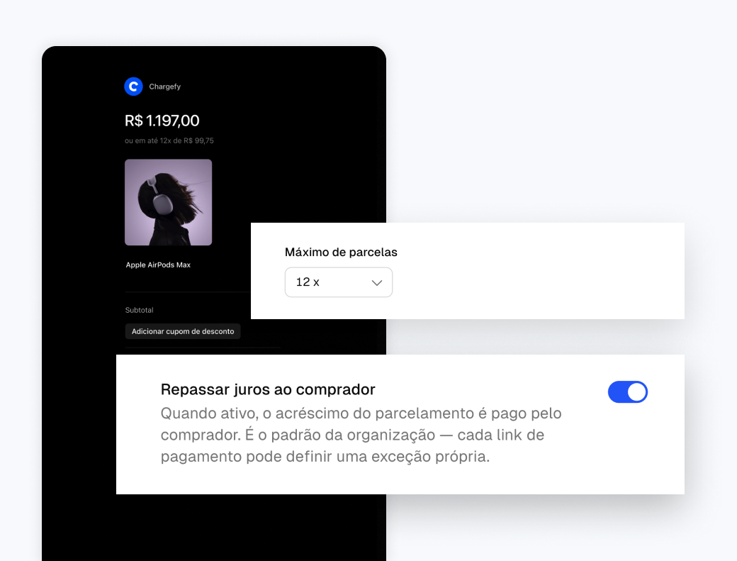 Checkout da Chargefy com configuração de parcelas e repasse dos juros ao comprador
